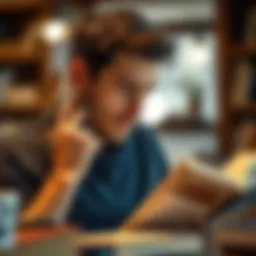 A thoughtful individual immersed in reading self-help literature