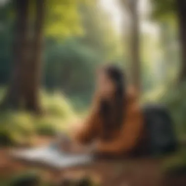 A serene landscape with a person enjoying an audiobook outdoors