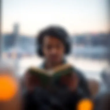 An individual engrossed in listening to an audiobook in a serene environment