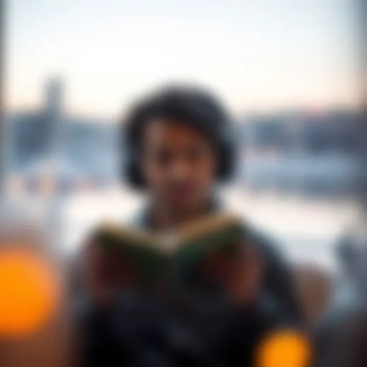 An individual engrossed in listening to an audiobook in a serene environment