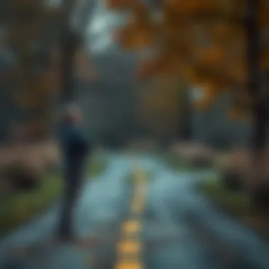 A confused individual standing at a fork in the road, contemplating choices.