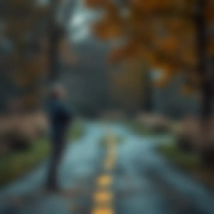 A confused individual standing at a fork in the road, contemplating choices.