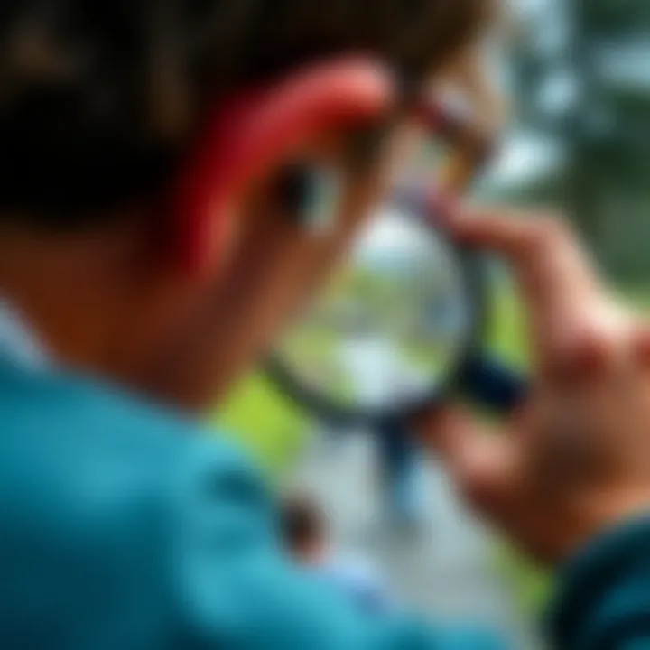 A person looking through a magnifying glass at a path diverging into two.