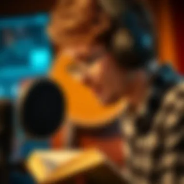 The Voice Behind the Stories A close-up of a professional narrator recording an audiobook in a studio setting