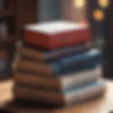 A stack of transformative literature books on a wooden table