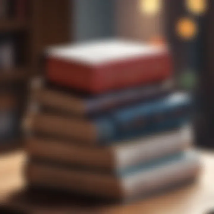 A stack of transformative literature books on a wooden table