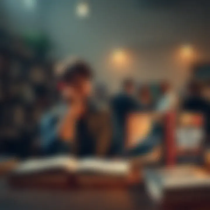 Contemplating Choices An individual contemplating various book covers displayed on a table