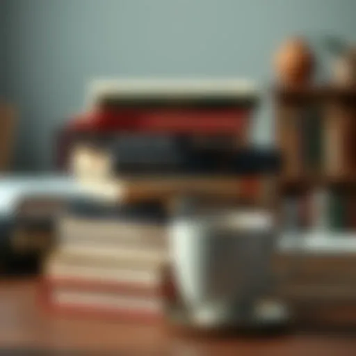 A stack of classic financial literature with a cup of coffee