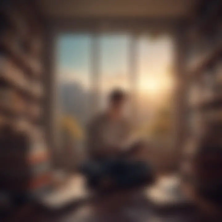 A person contemplating with books in the background