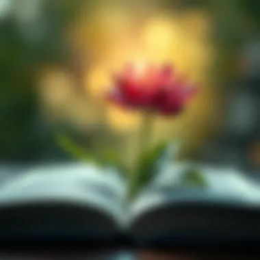 A blooming flower emerging from a book, illustrating growth through literature