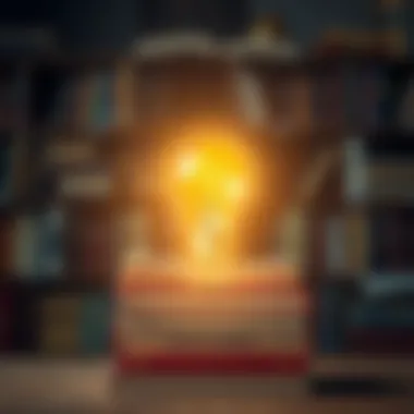 A light bulb emerging from a stack of books, representing ideas and creativity