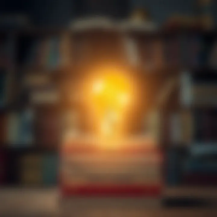 A light bulb emerging from a stack of books, representing ideas and creativity