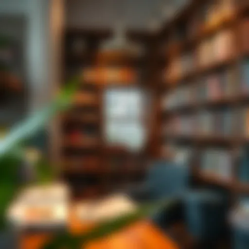 A cozy reading nook with bookshelves filled with diverse titles.