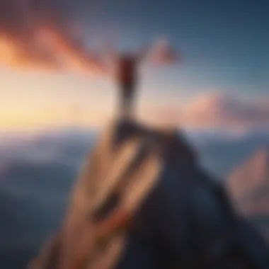 A person standing on a mountain peak, celebrating achievement