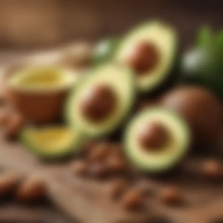 Healthy fats displayed through nuts and avocados