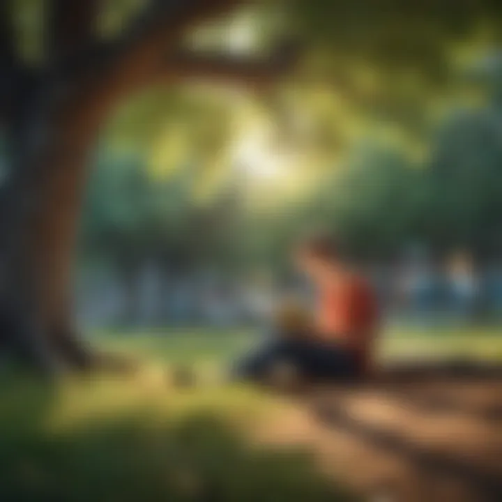 A serene setting with a person reading under a tree