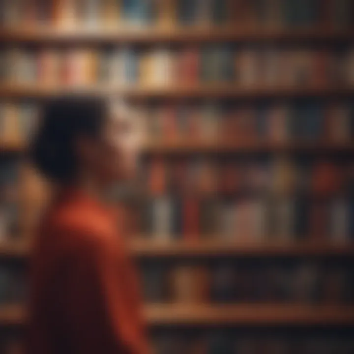 A contemplative person gazing at a bookshelf filled with diverse literature