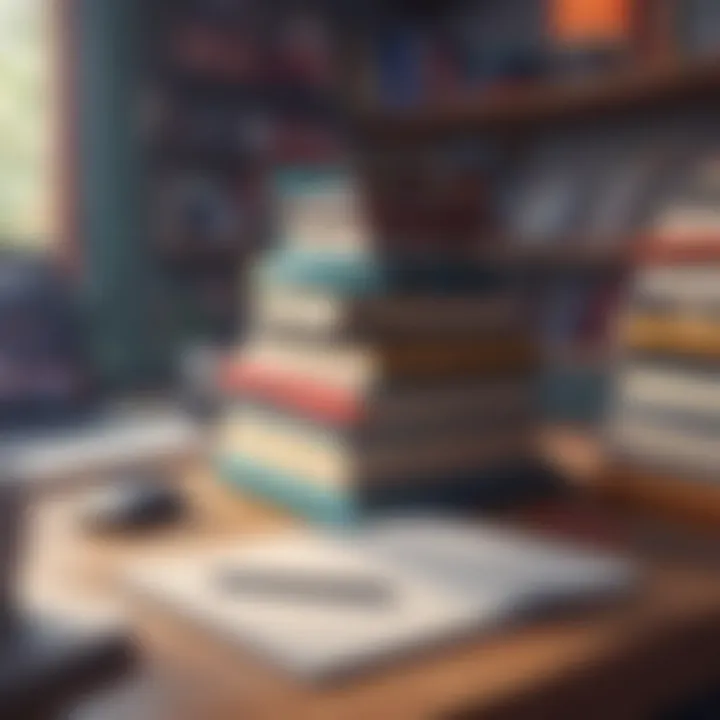 Books stacked on a desk with a laptop and notepad