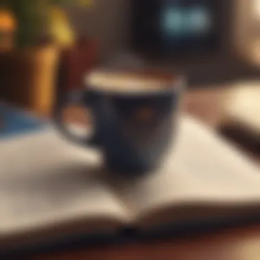 Open book with highlighted passages and coffee cup