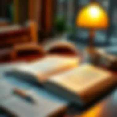 An open book on a desk surrounded by notes and a coffee cup