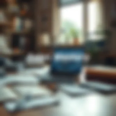 Sales Mastery Workspace A serene workspace with a laptop and sales-related materials spread out