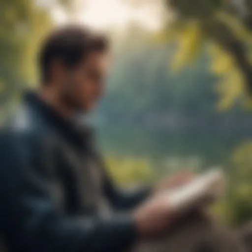 A contemplative man reading a book in a serene setting