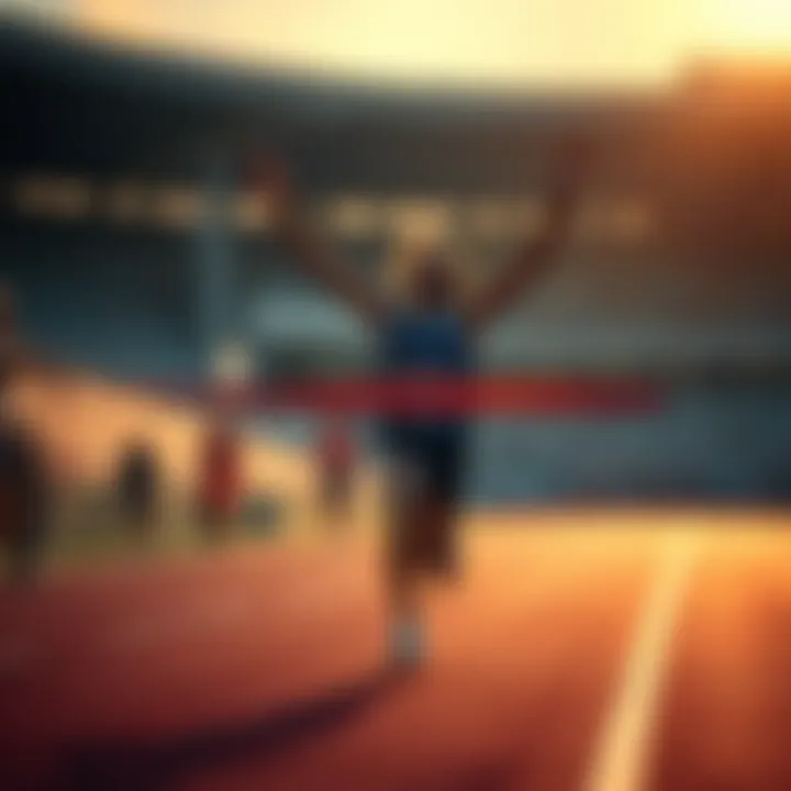 A runner crossing the finish line with arms raised, embodying the spirit of victory.
