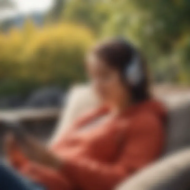 A person enjoying an audiobook on a mobile device in a serene environment