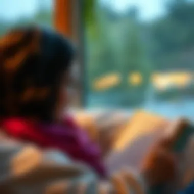 A person engaging with an audiobook in a serene environment