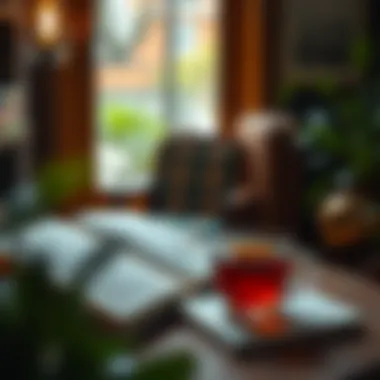 A serene reading nook with a cup of tea, representing personal reflection