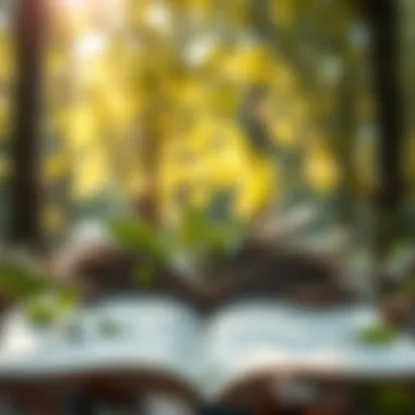 An open book surrounded by nature symbolizing introspection