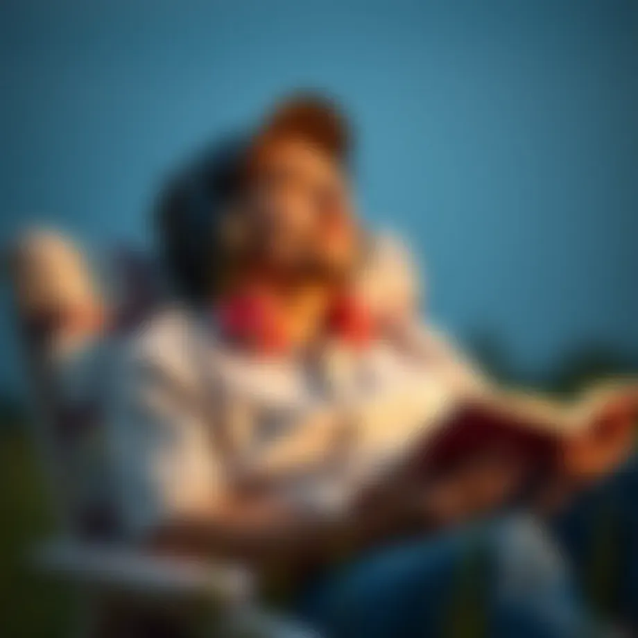 An individual relaxing with headphones and a book by their side