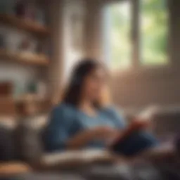 A serene person enjoying an audiobook in a cozy setting