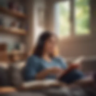 A serene person enjoying an audiobook in a cozy setting