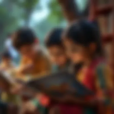 The Joy of Reading Hindi Tales An engaging scene depicting children immersed in reading Hindi stories.