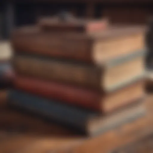 A stack of vintage history books resting on a wooden table