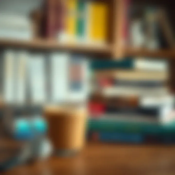 A cup of coffee beside a stack of financial books on a table