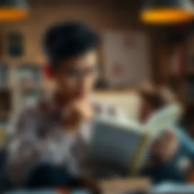 A thoughtful individual reviewing a finance book with a notebook and pen