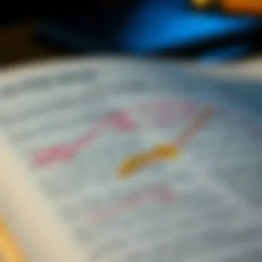 Close-up of an open book with highlighted quotes and notes