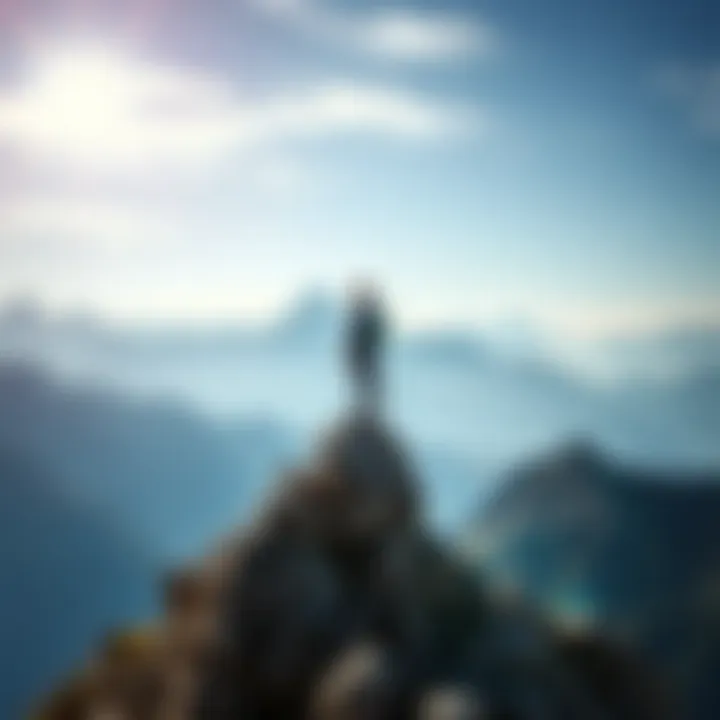 A person standing atop a mountain, illustrating the achievement of goals