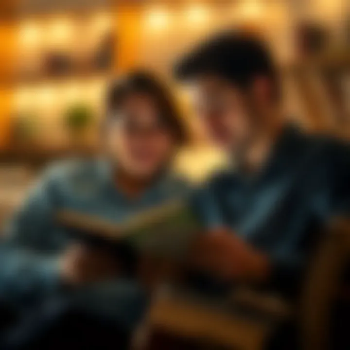 Deepening Conversations A couple discussing insights from a book in a thoughtful manner