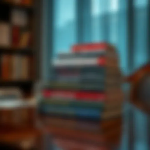 A stack of influential leadership strategy books on a polished desk