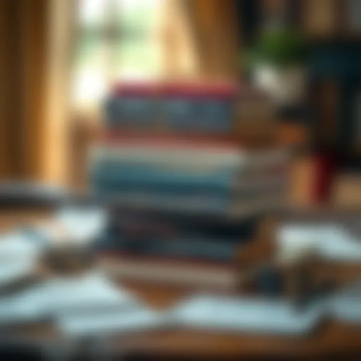 A stack of diverse literature books surrounded by thoughtful notes.