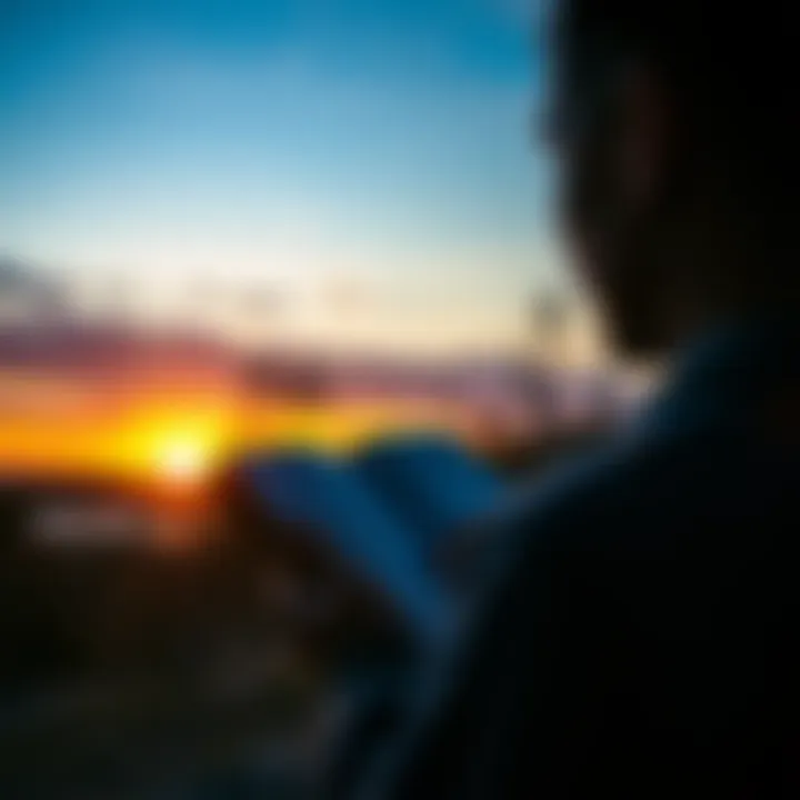 A contemplative figure gazing at a sunset with a book in hand.
