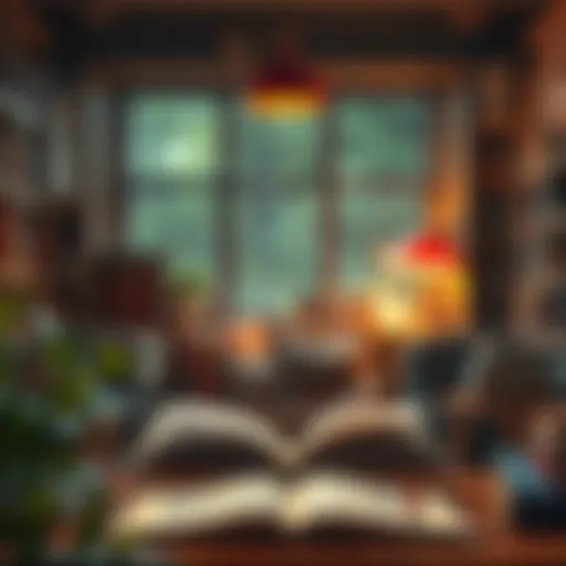A Cozy Reading Corner A serene library nook with warm lighting and open books.
