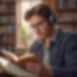 A person engrossed in a book while listening to an audiobook