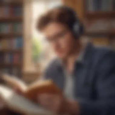 A person engrossed in a book while listening to an audiobook