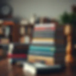 A collection of influential self-development books stacked on a wooden table