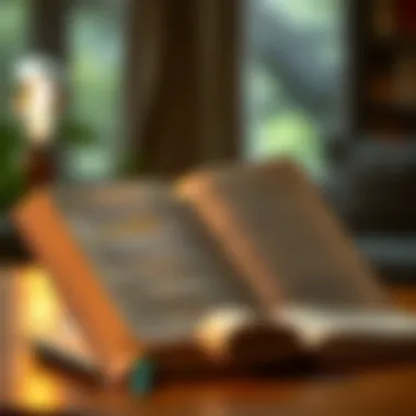 Insightful Reading and Reflection An open book with highlighted passages and a notebook beside it