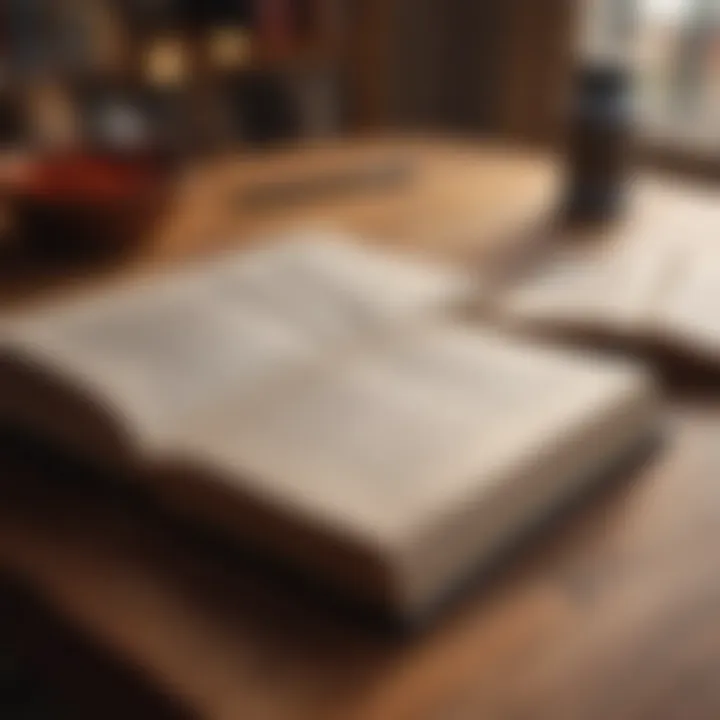 A close-up view of an open book with highlighted quotes on a wooden table.